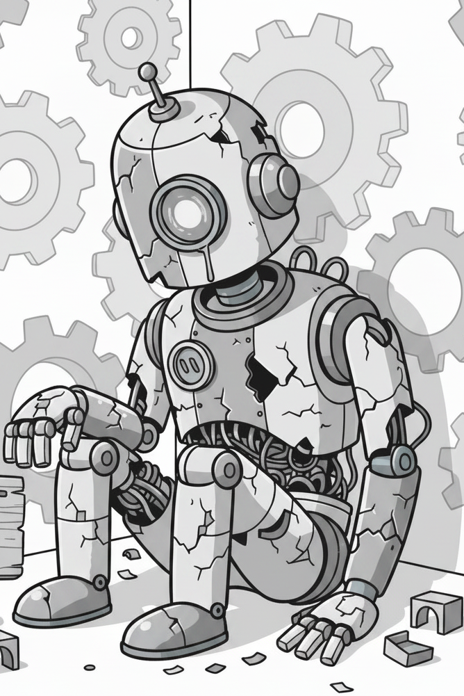 A worn-out robot sits in the corner